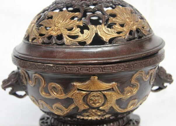 Elegant old S1312 China Old Bronze Copper Carved Eight treasures Dragon Head Incense Burner Censer statue | Дом и сад