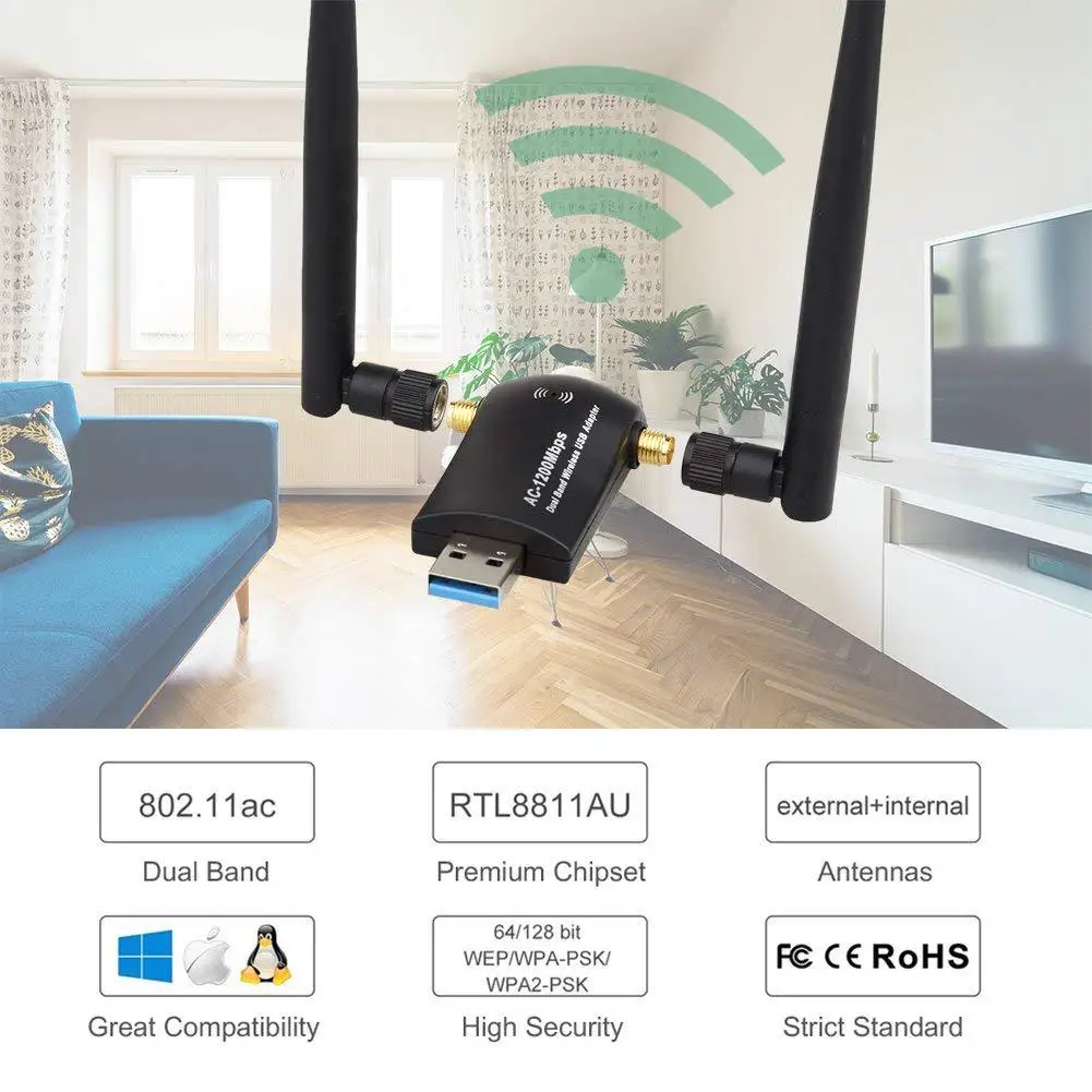 BEESCLOVER беспроводной USB Wifi адаптер AC1200 двухдиапазонный 2 4G/5 8G с высоким