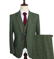 mens wool tweed suits 3 pieces formal lapel notch herringbone tuxedos regular size winter wedding groom blazervestpants