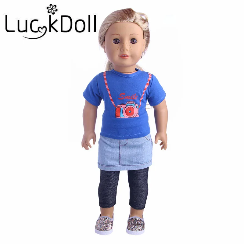Уличный костюм LUCKDOLL с джинсовой юбкой леггинсами и топом подходит для 18-дюймовой