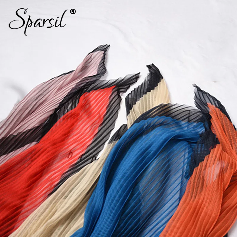 Sparsil, женские стильные плиссированные шарфы 58x58 см, ромбические шарфы, двухцветные Лоскутные шарфы, весенний атласный Шелковый тонкий дышащий шейный платок