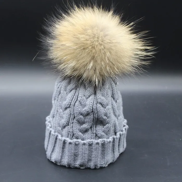 Женская шапка Skullies Beanies Зимние шапки для женщин 18 см большой натуральный мех помпон шапка женская твист вязаные шапки