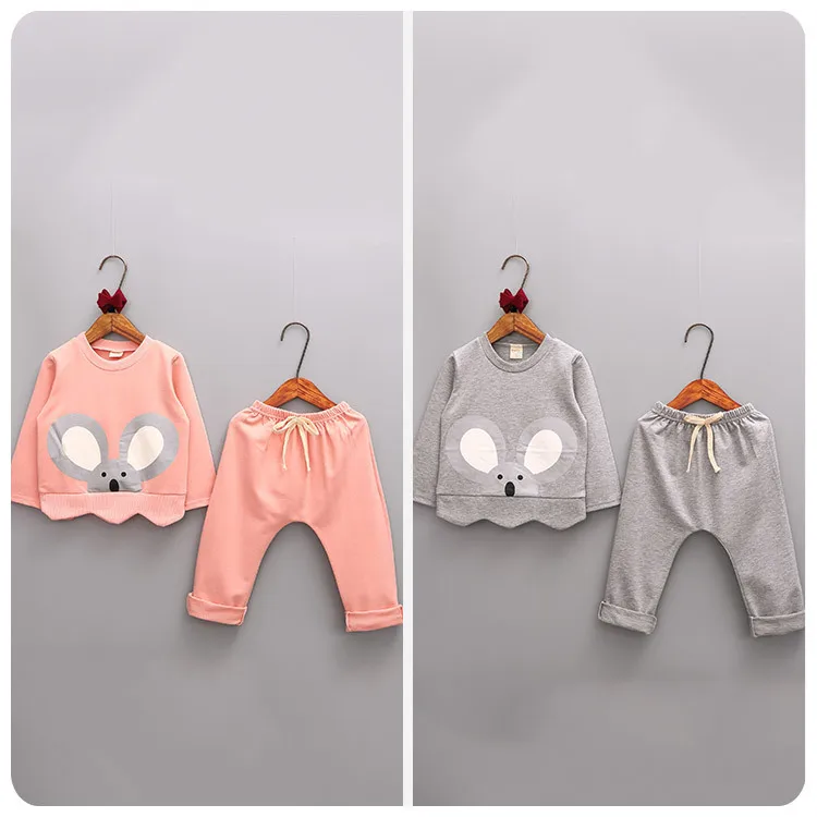 2016 Autumn New Pattern 2 Pieces Set Korean Children's Garment Girl Baby The Little Mouse Triangle Skirt Haren Pants Suit