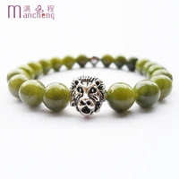 unisex natural 8mm aaaaa green jades bracelet stainless steel beads ancient lion head bracelet jewelry for women