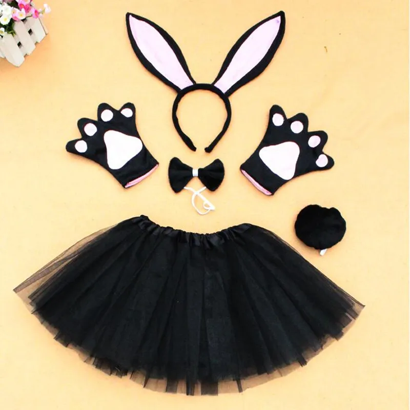 5pcs set black Новые длинные с заячьими ушками; бант на голову галстук хвост рукавицы-лапы юбка-пачка Детский карнавальный костюм для девочек набор любимая для вечеринки в честь Хэллоуина подарок - Цвет: 5pcs set black