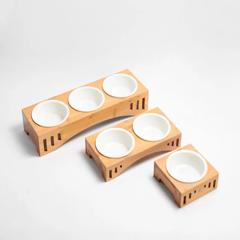 Кошка Собака миска-кормушка Керамика посуда 1/2/3 миски Еда миска для воды и бамбуковым корпусом противоскольжения товары для домашних животных, собаки кошки кормушки