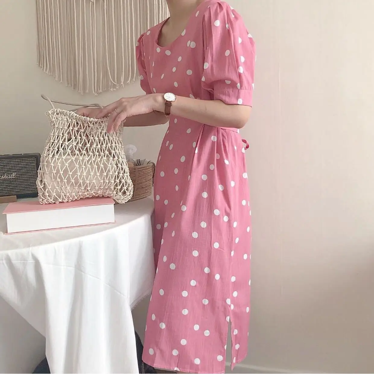 2019 New Style Chic Vintage Slim Square Neck Lantern Sleeve Long Polka Dot Dress Pink Yellow Blue 80s French | Женская одежда