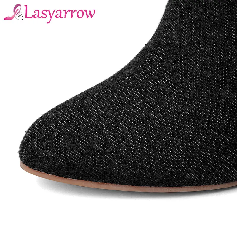 Женские джинсовые ботинки Lasyarrow повседневные до середины икры на тонком высоком