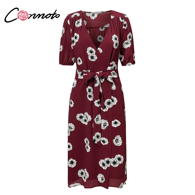 Conmoto Винтажное платье винного цвета с принтом летнее облегающее v образным