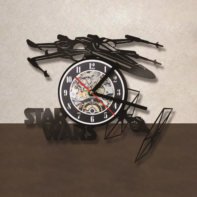 Creative Star Wars Theme Airplane Record Clock 3D Model Hollow Wall Clock Vinyl Record Material Antique Style Hanging Clock