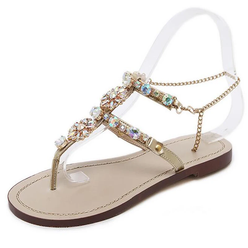 Женские сандалии-гладиаторы на плоской подошве со стразами и цепочками большие