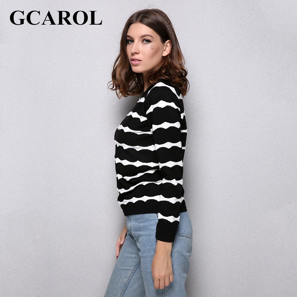 GCAROL Fall Winter New Wave White Striped Women Sweater High Quality Stretch Knitted Pullover Casual Basics Perfect Knit Tops | Женская