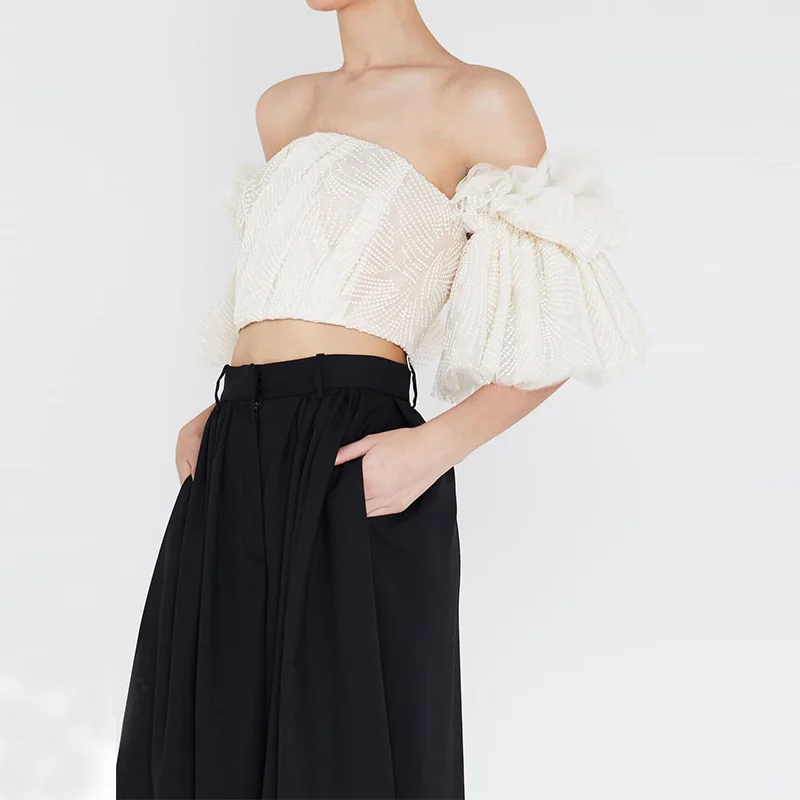 Женский сетчатый топ с открытыми плечами и вышивкой|Футболки| |