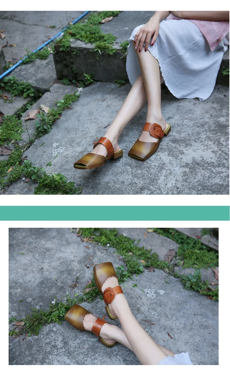 Artdiya genuine leather women shoes handmade retro original summer slippers comfortable flat sole square head open toe sandals