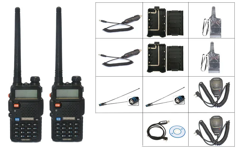 

2 PCS BaoFeng UV-5R Walkie Talkie+2X mic+2XNA 771-F natenna+2x waterproof case+1Xprogramming cable+2xbattery case+2xcar charger
