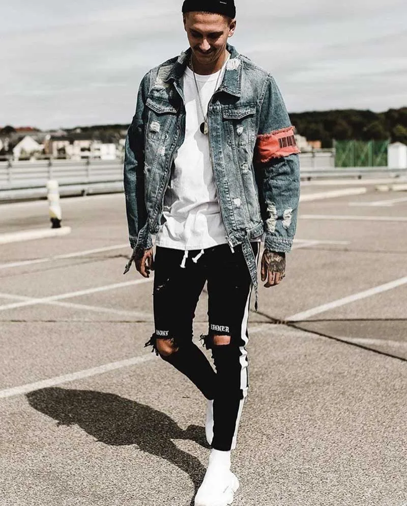 

Mcikkny Fashion Ripped Denim Jeans Men's Hi-street Distressed Holes Jean Jackets Washed Hip Hop Streetwear Coats Size M-2XL