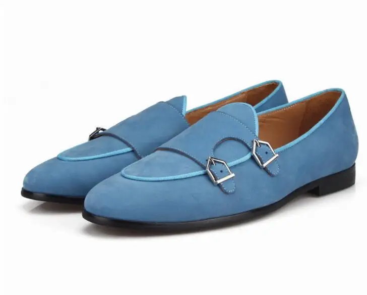 Blue Suede Shoes Loafers Men's Moccasins Casual Flats Dress Double Buckles Wedding Large Size | Обувь