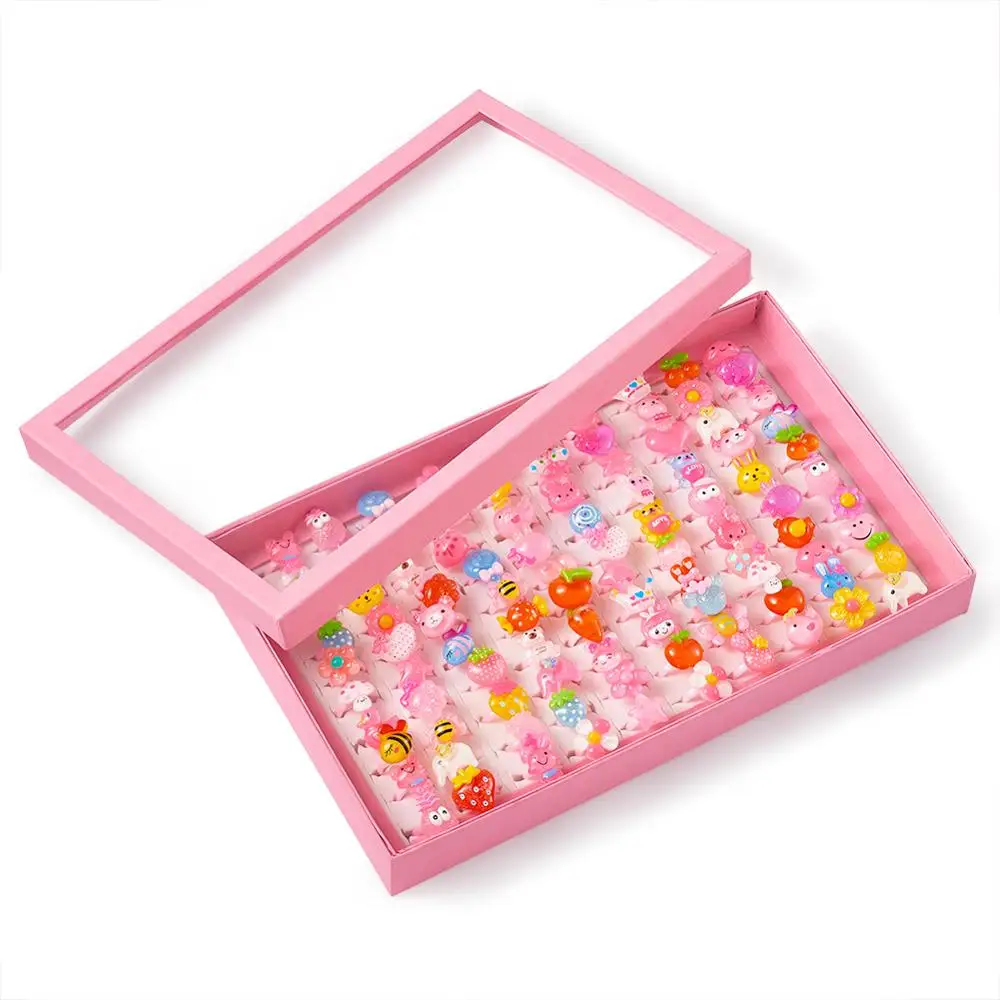 

36~100pc/Box Kids Cute Cartoon Finger Rings Resin Candy Color Animals Flower Heart With Display Box Birthday Gifts For Children