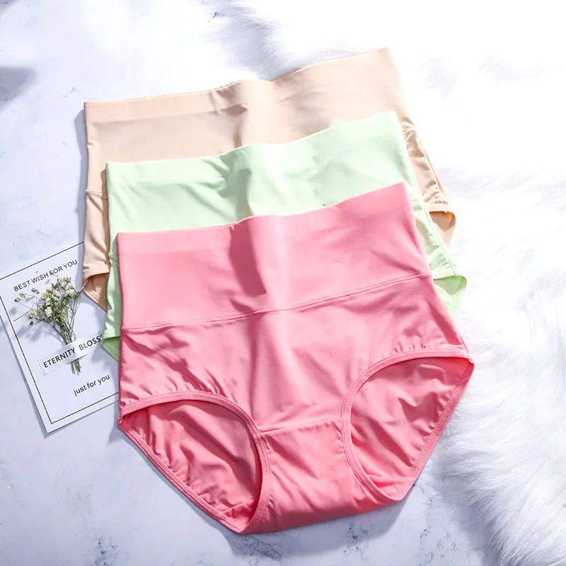 1676 Skin Green Red LANGSHA, 3 шт./лот, высокая талия, ультра-тонкие трусики для женщин, бесшовное сексуальное женское белье, ледяное шелковое нижнее белье, трусы для похудения, бесследные трусы - Цвет: 1676 Skin Green Red