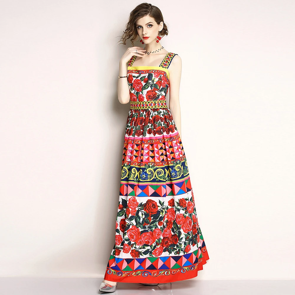 Звездный стиль женское летнее макси платье с принтом без рукавов цветочное