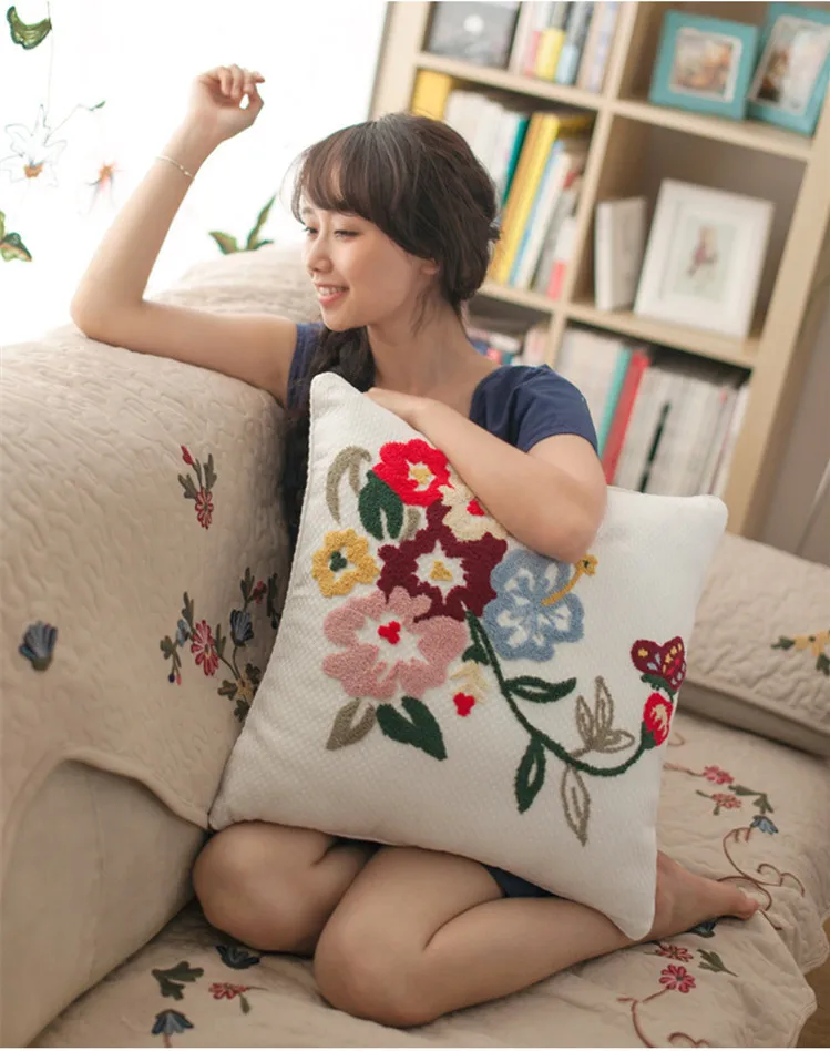 Handmade Emroidered Colorful Flowers Sofa Back Cushion Cover Beautiful Cotton Linen for Home/Car Decor | Дом и сад