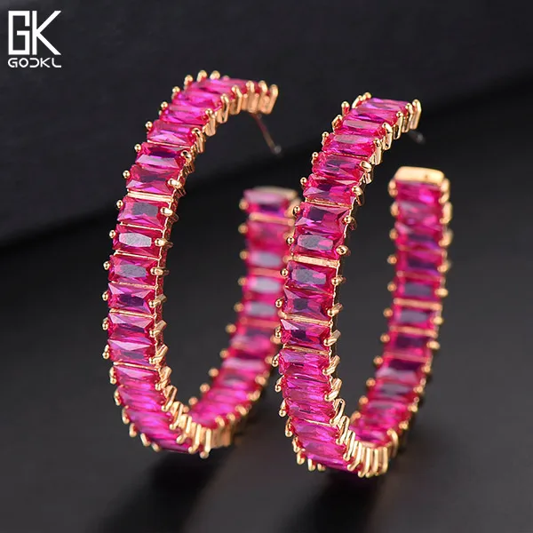 Hot Pink GODKI индивидуальные ярко-розовые кубические циркониевые Супер круглые серьги-кольца для женщин, модные ювелирные изделия, трендовые ретро круглые серьги-кольца - Окраска металла: Hot Pink