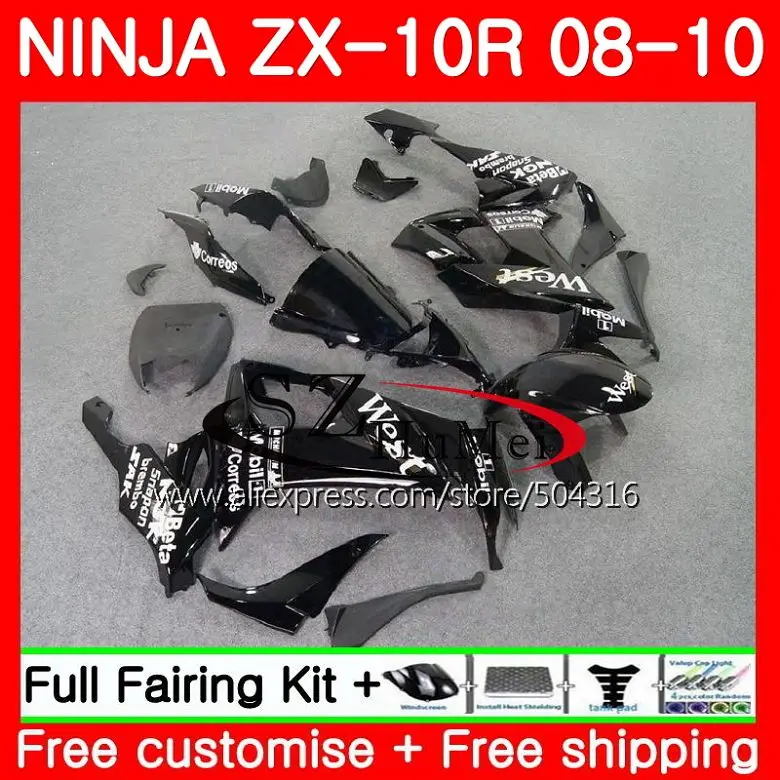 

Корпус для KAWASAKI глянцевый черный NINJA ZX 10 R ZX 10R 08 09 10 ZX1000 ZX-10R 2008 2009 18SH3 комплект обтекателей ZX10R ZX1000C