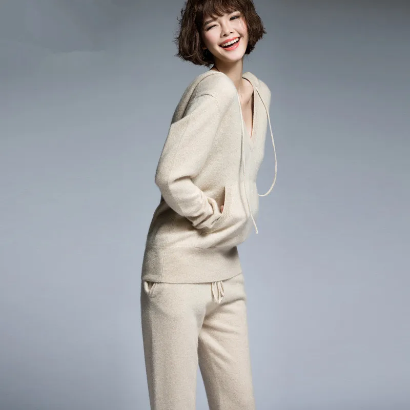 2 шт./комплект женские спортивные костюмы из кашемира и шерсти с капюшоном