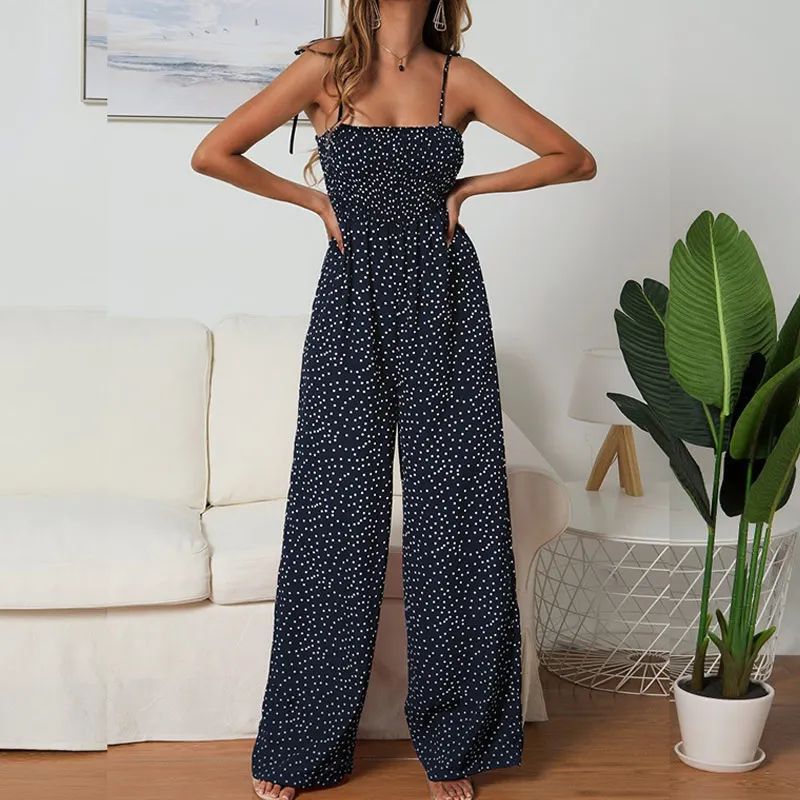 Женский комбинезон в горошек, с высокой талией, Boho, желтый, с бретельками, топ, широкие штаны для женщин, лето, одежда для девушек
