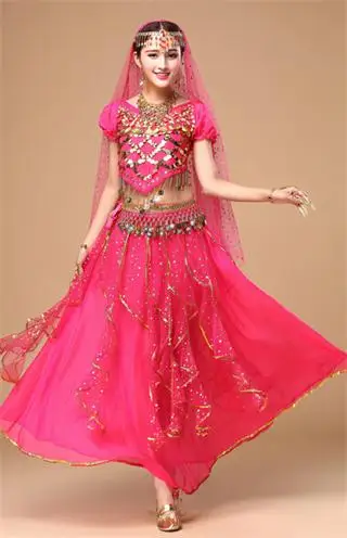 Rose Red DJGRSTER костюм, костюм Болливуда, индийское платье, платье для танца живота, женский костюм для танца живота, наборы, племенная юбка, 5 шт./1 комплект - Цвет: Rose Red
