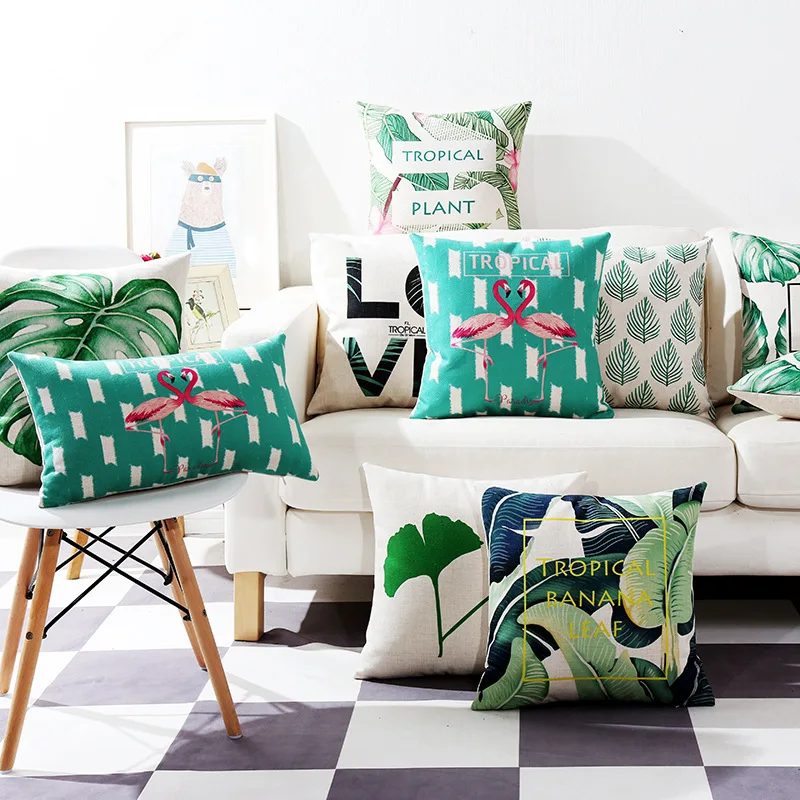 Тропический зеленый Растительный наволочка напечатанная Подушка с Фламинго
