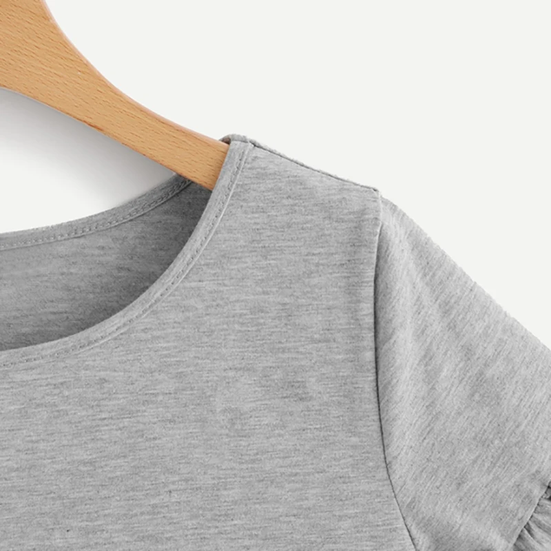 Dotfashion серая Женская Повседневная футболка с рюшами и оборками на рукавах, лето, кавайные Топы с коротким рукавом, корейская модная одежда, футболка