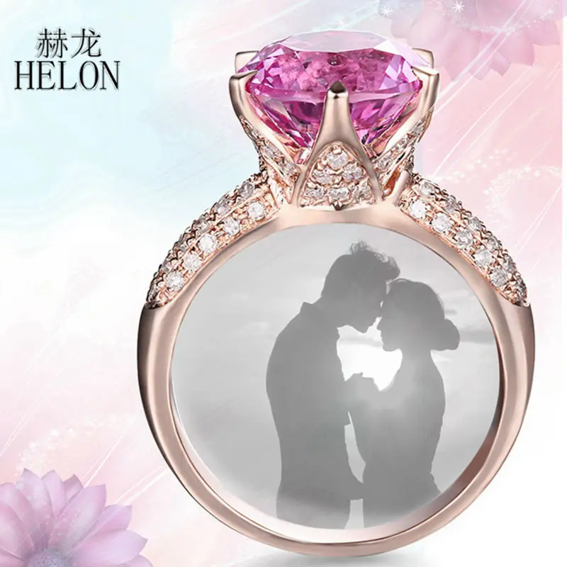 HELON Solid 14 к розовое золото 9 мм круглый 4.12ct розовый топаз проложить 0.4ct природных алмазов Великолепные женские украшения обручение изысканное кольцо
