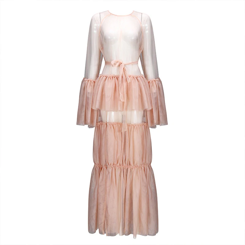 Apricot Dress TWOTWINSTYLE, Сетчатое сексуальное платье для женщин, прозрачное, с расклешенными рукавами, на шнуровке, с высокой талией, из кусков, с разрезом, макси, пляжные платья, лето - Цвет: Apricot Dress