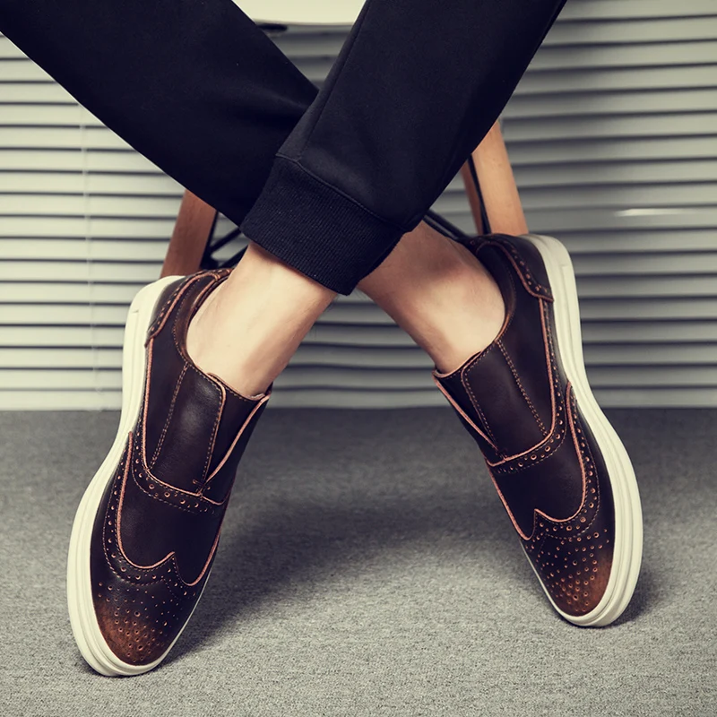 CNFIIA Men Leather Shoes Casual Red Black Brown Brogues Loafers 2018 Autumn New Slip on Male Walking Footwear | Обувь