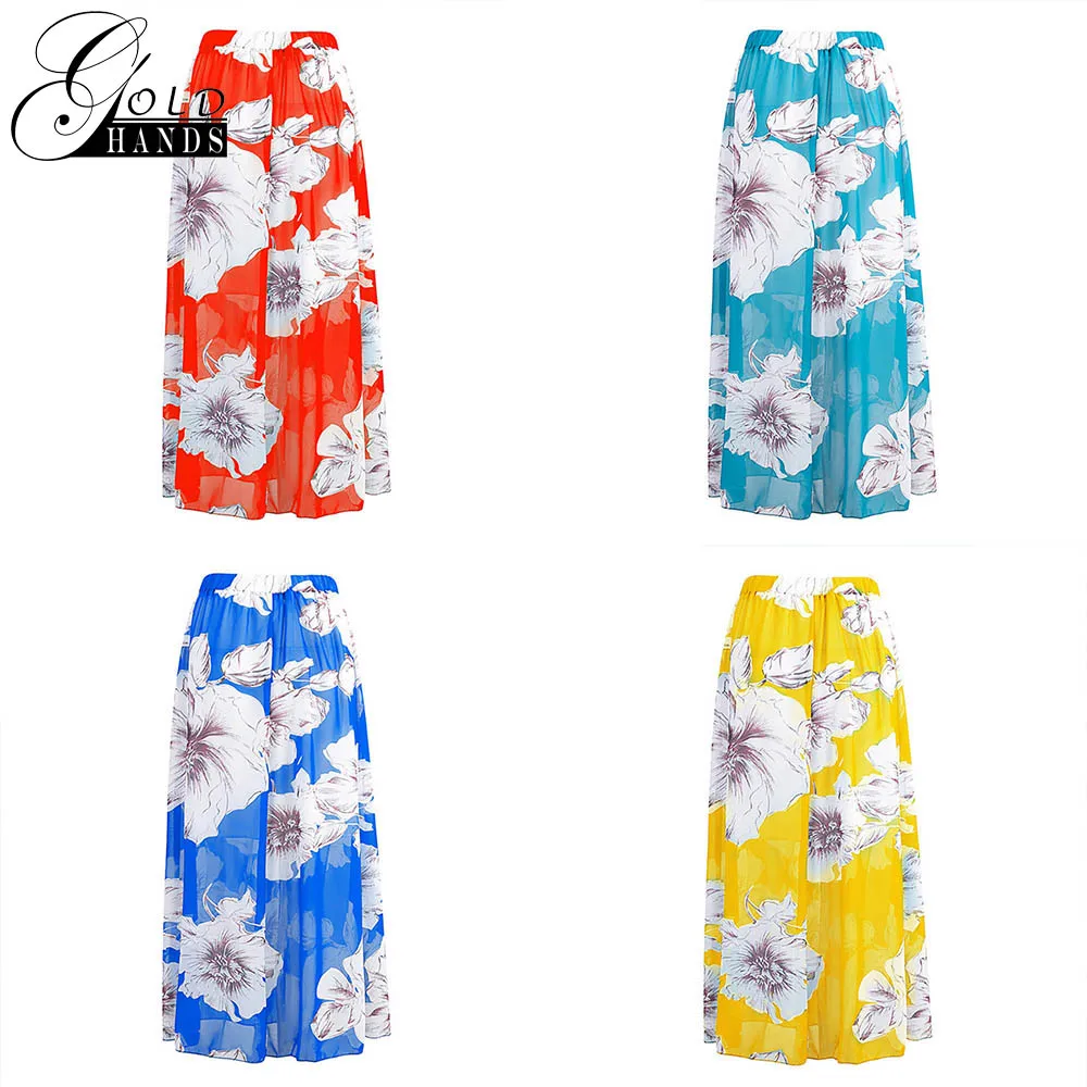 Gold Hands Chiffon High Waist Long A-Line Skirt European and American New Printed Sweet Skirts Summer 2019 Plus Size Women | Женская