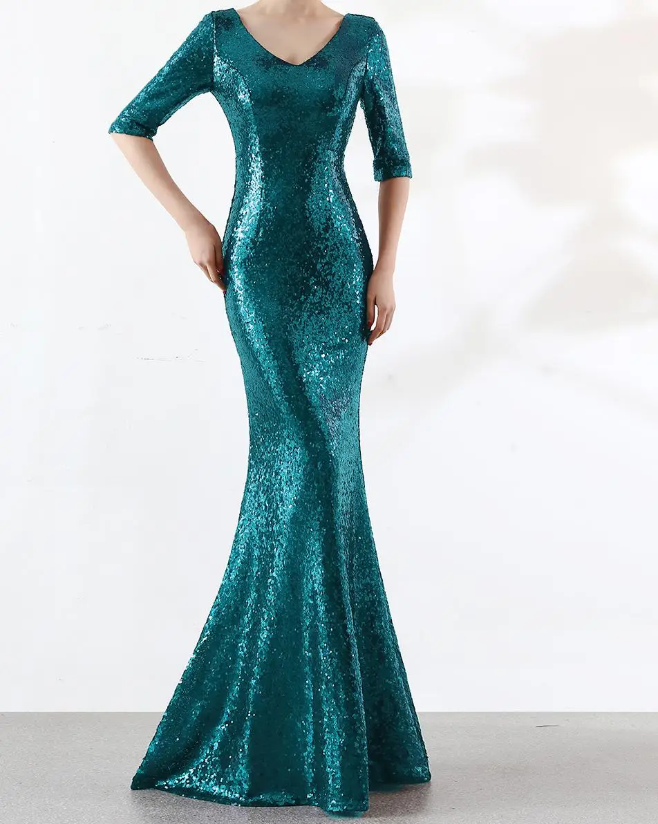 Платье в стиле ампир Vadim vestidos mujer, макси платье, расшитое пайетками, с v-образным вырезом, сексуальное длинное благородное и элегантное платье с бисером, рыбий хвост - Цвет: green