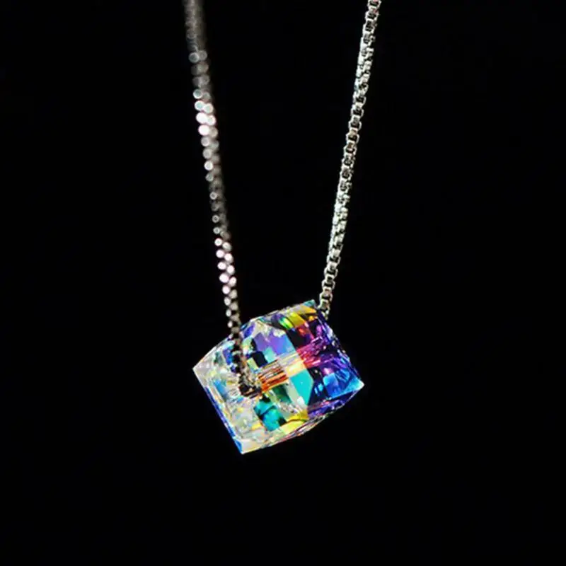 Для женщин кулон Цепочки и ожерелья s Silver Crystal Cube Four Leaf Clover цветок для ожерелье