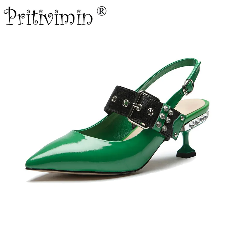 

Женские мюли с острым носком Pritivimin 2018, зеленые туфли ручной работы, женские свадебные туфли со стразами, женские туфли-лодочки FN171