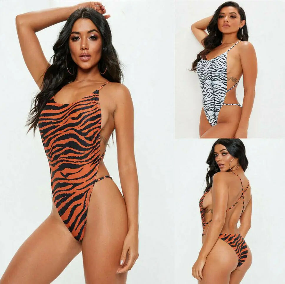 Женский купальник однотонный с лифом push-up в леопардовый и тигровый рисунок для пляжа и плавания.