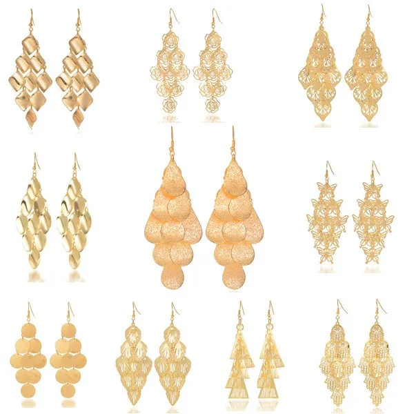 Женские металлические серьги подвески большие геометрические висячие золотого