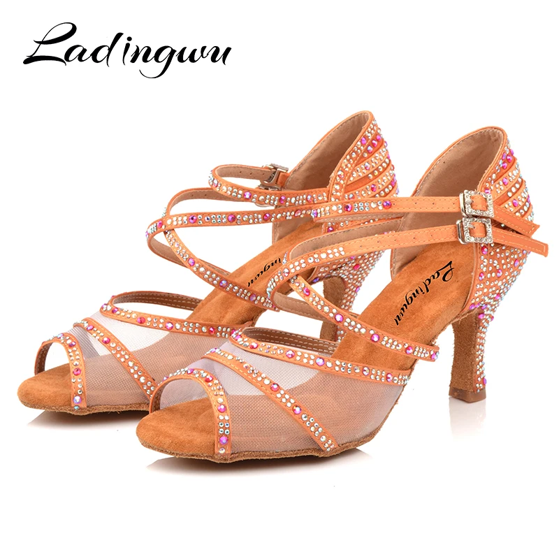 Ladingwu Dance Shoes Women Salsa Sneakers Dance Shoes Satin and Net Comfortable Ballroom Dance Shoes Brown Red Apricot Black
