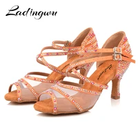 ladingwu dance shoes women salsa sneakers dance shoes satin and net comfortable ballroom dance shoes brown red apricot black
