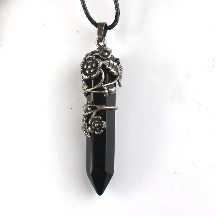 

Trendy-beads Personalized Copper Leaf Flower Hexagon Prism Black Agates Pendant Fashion Jewelry