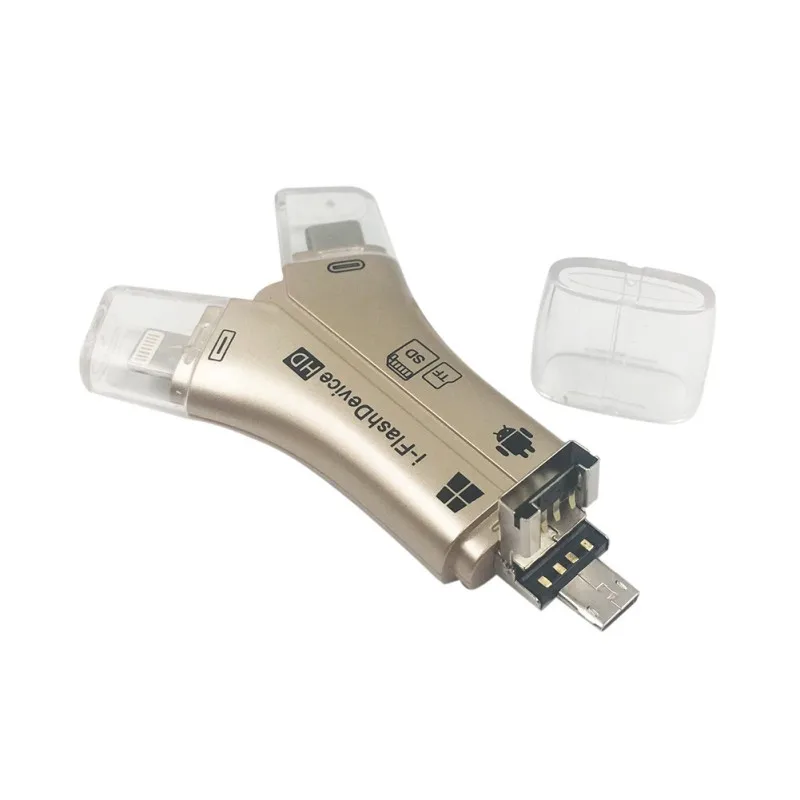 Все в одном SD/TF карта просмотра для IOS iPhone Ipad Android системы телефонов Laptap ПК с Lightning/usb type C/Micro USB2.0 OTG порт - Color: Gold