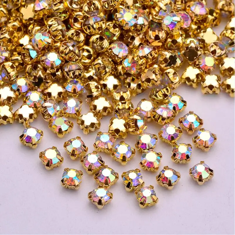 Gold AB Stones JUNAO SS12 16 18 20 25 Швейные кристаллы AB аппликация из стеклянных страз серебряный коготь хрустальные камни пришитые Стразы для одежды ремесла - Цвет: Gold AB Stones