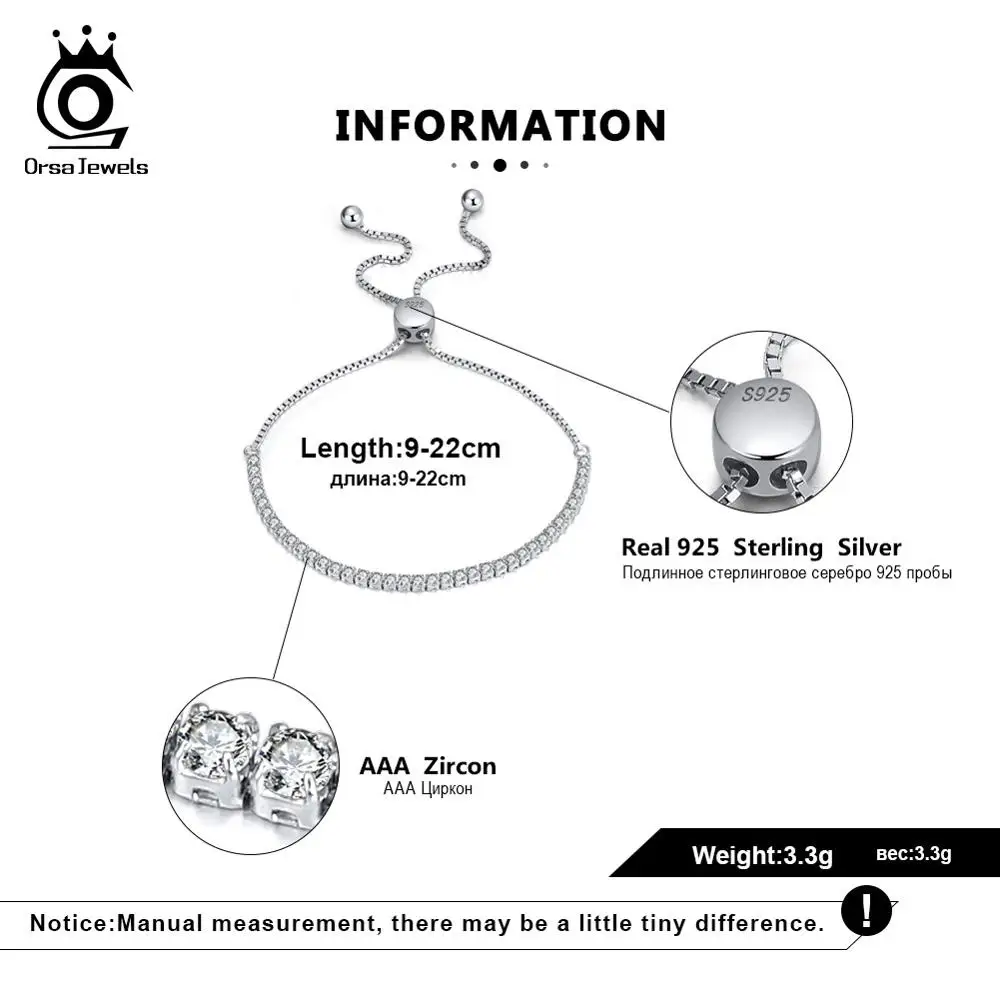 ORSA JEWELS настоящий 925 Регулируемый браслет с однорядным прозрачным CZ серебряной цепочкой для свиданий, ювелирное изделие SB43