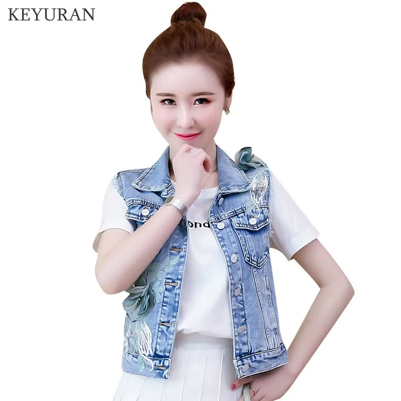 Женский джинсовый жилет с объемной цветочной вышивкой без рукавов|Жилеты и