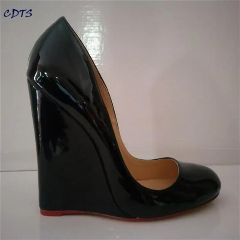 Большие размеры: 40-45, 46, новые стильные туфли zapatos mujer на танкетке 14 см с круглым носком женские вечерние свадебные туфли-лодочки с золотым низом