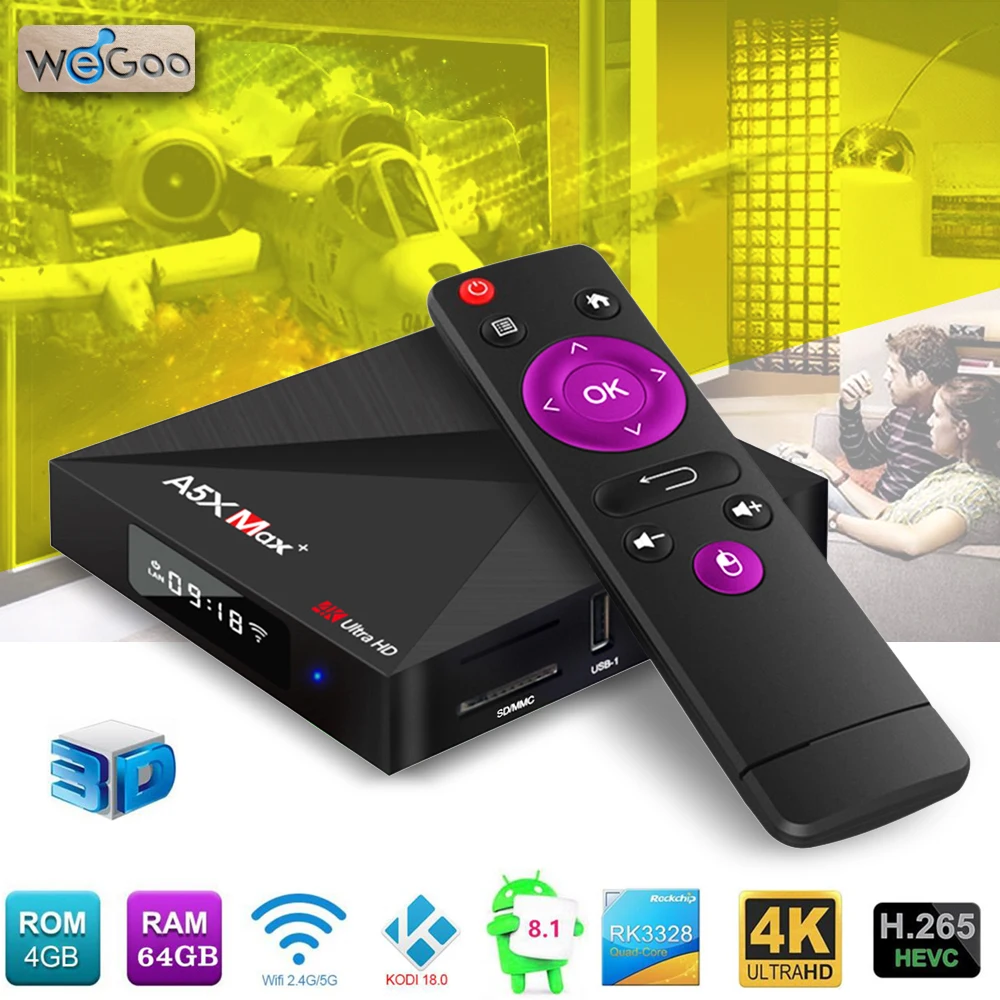 Smart Android ТВ Box 8 1 A5X Max + RK3328 4 ГБ/64 ГБ Двойной Wi Fi Bluetooth коробка HD 4k Media Player Set top